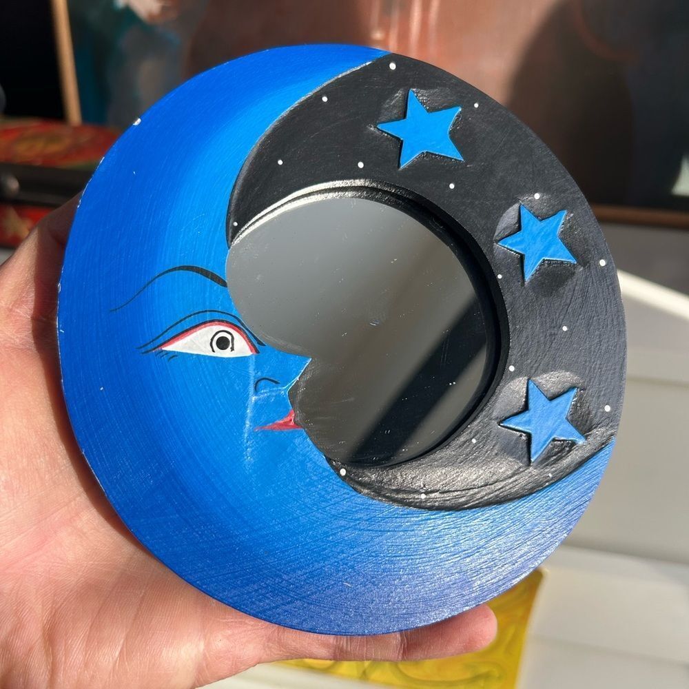Vintage 6" Celestial Blue and Black Whimsygoth Moon Stars Mirror